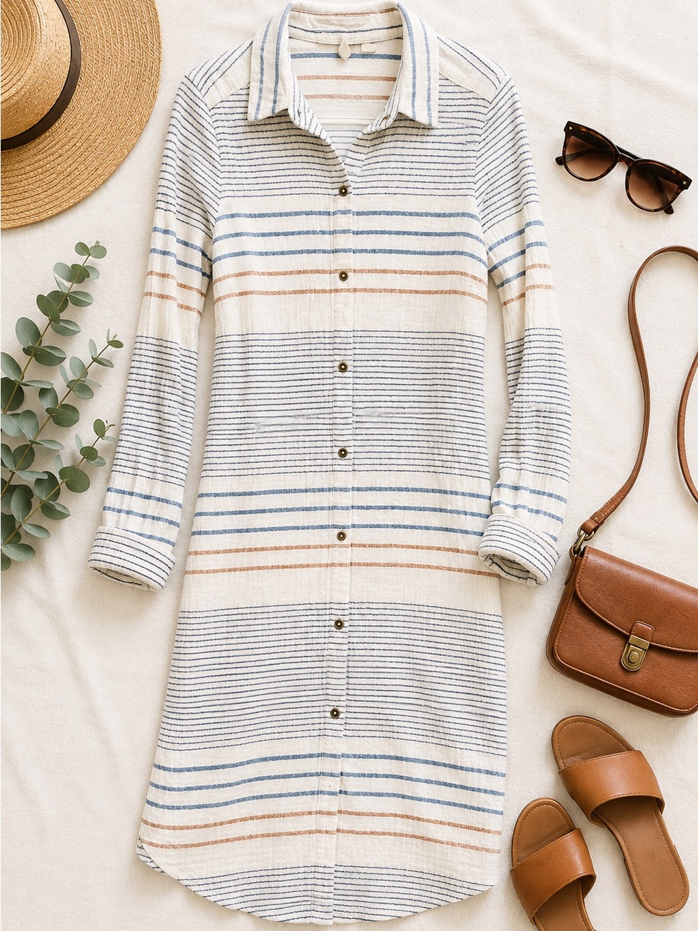 Roxy Women’s Striped Button Front Shirt Dress Cream Blue Tan Long Sleeve